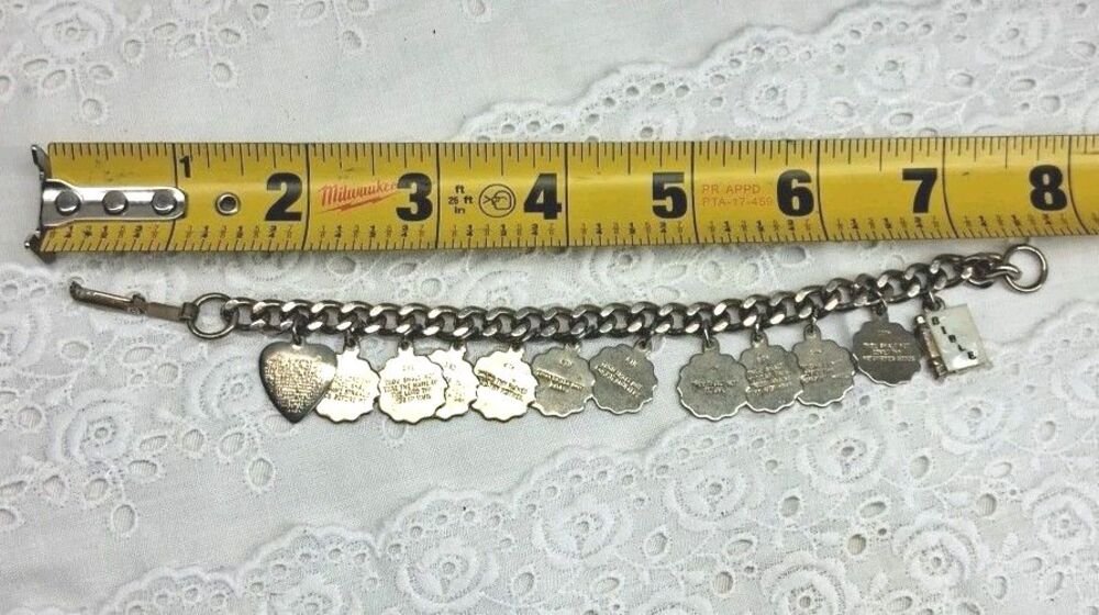 Vintage Bible, 10 Commandments Charm Bracelet Gold Tone, Mother Pearl Christian